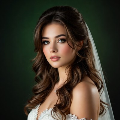 Bride with brown wavy hair and veil