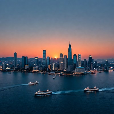 Shenzhen skyline sunset with ferries