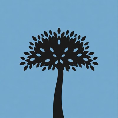 Black silhouette tree on blue background