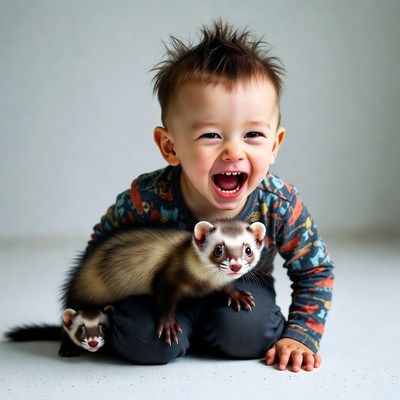 Toddler boy laughing with ferret