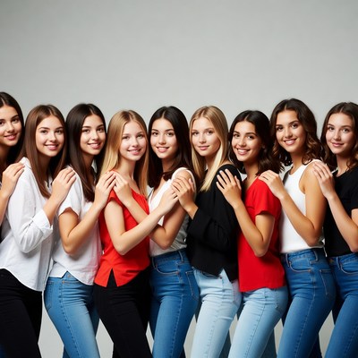 Group of smiling young women in jeans