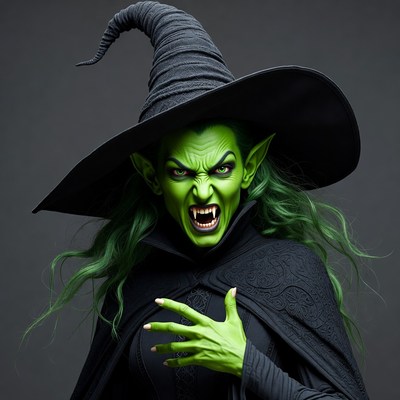 Green-skinned witch snarling menacingly
