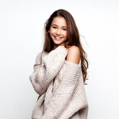 Smiling girl in off-shoulder sweater