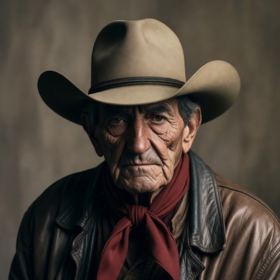 Elderly cowboy wearing hat and scarf