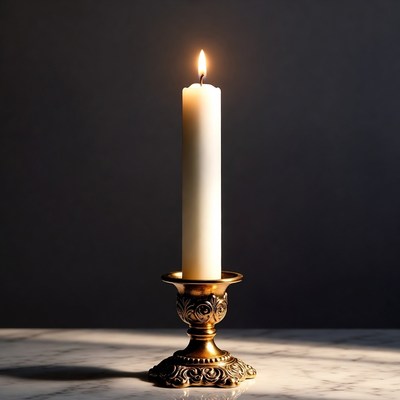 White Candle Burning in Gold Candlestick