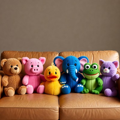 Colorful stuffed animals on couch