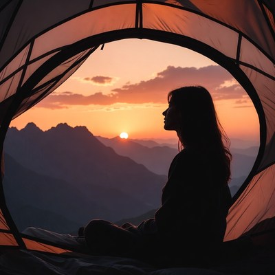 Woman silhouetted in tent at sunset mountains