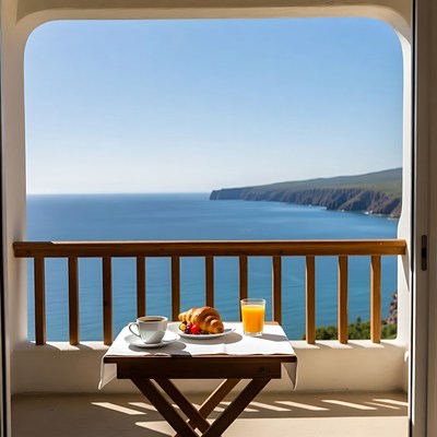 Breakfast with croissant and ocean view