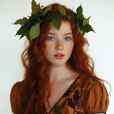 Redhead woman wearing autumn leaf crown
