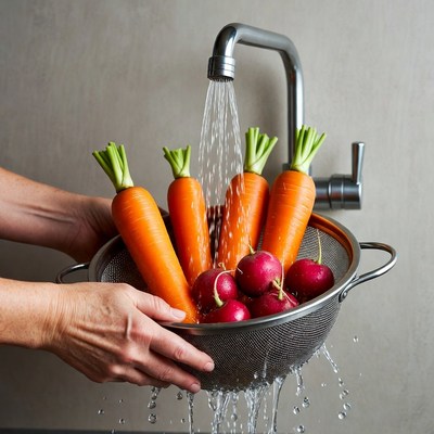 Hands rinsing carrots and radishes