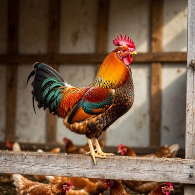 Colorful Rooster with Hens in Coop