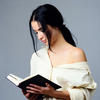 Woman reading book off-shoulder shirt