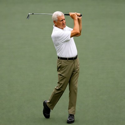 Elderly man swinging golf club