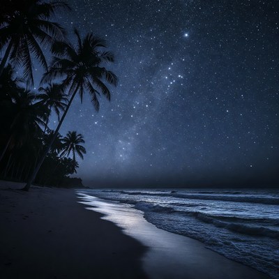 Tropical Beach with Palms and Milky Way