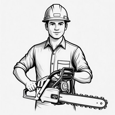 Man holding chainsaw with helmet