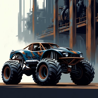 Blue Monster Truck in Industrial Factory