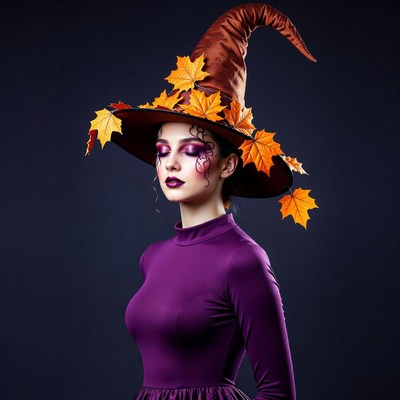 Woman in autumn leaf witch hat