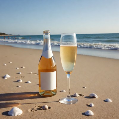 Champagne Bottle and Glass on Beach
