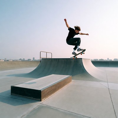 Skater performing ollie over ramp