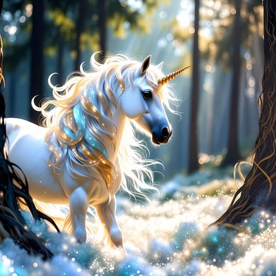 Majestic white unicorn in enchanted forest