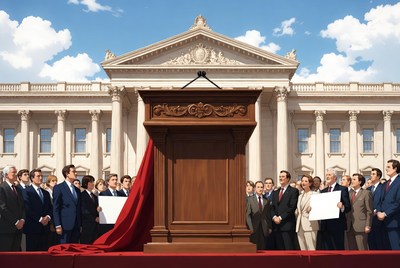 Businessmen unveiling podium at courthouse