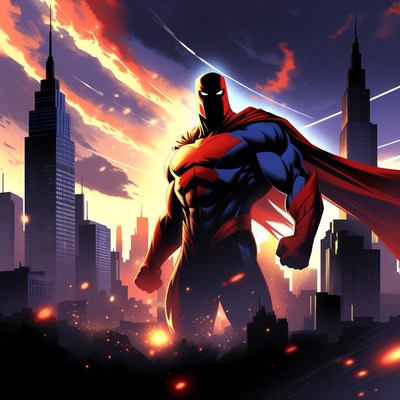 Muscular superhero standing in city skyline
