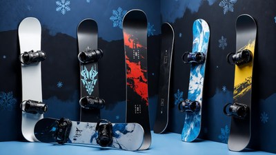 Colorful Snowboards with Bindings Display