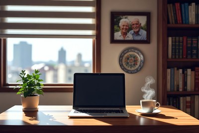 Laptop Coffee Desk with City View