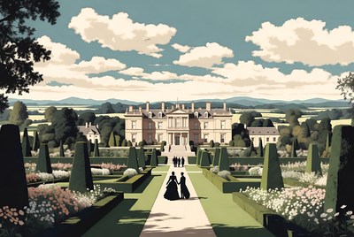 Women in Victorian Gowns Walking Garden Path to Mansion