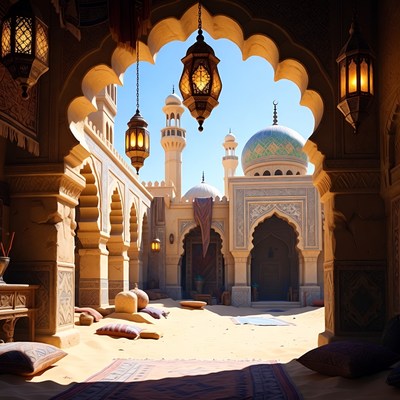 Moroccan Courtyard with Minarets and Lanterns
