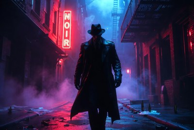 Man in trench coat walking neon noir alley
