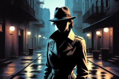 Woman in trench coat and fedora on rainy street
