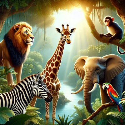 Jungle Animals Illustration with Lion Giraffe Elephant