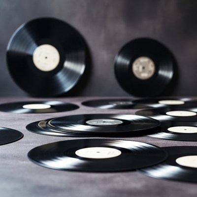 Stack of Vinyl Records on Gray Surface