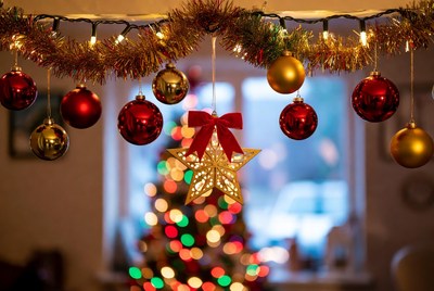 Red and Gold Christmas Ornaments Hanging
