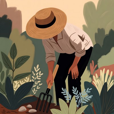 Man gardening with pitchfork