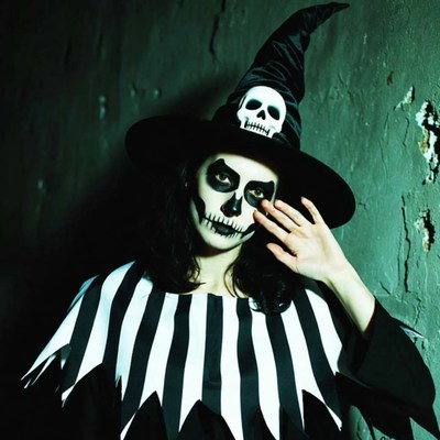 Woman in witch costume with skull makeup