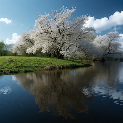 Cherry Blossom Trees by Lake