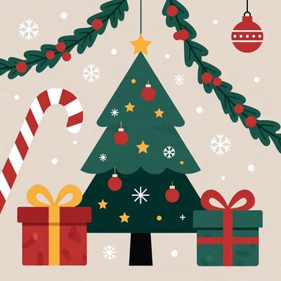 Christmas Tree with Gifts and Candy Cane