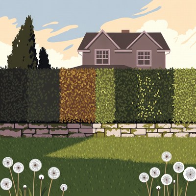 House behind colorful hedge illustration