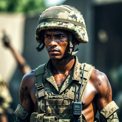 African-American soldier in camouflage helmet