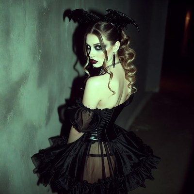 Woman in bat wings corset dress