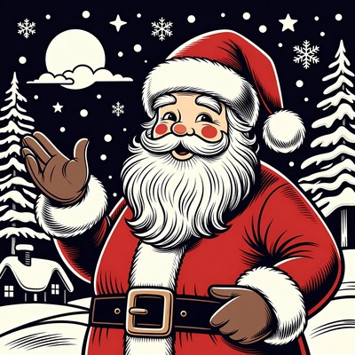 Waving Santa Claus in Snowy Night