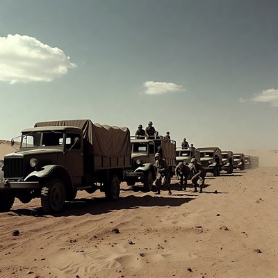 Military Trucks Convoy in Desert