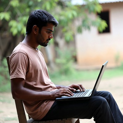 Young man using laptop outdoors