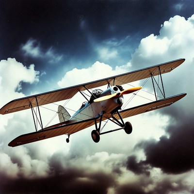 Biplane Flying in Stormy Clouds
