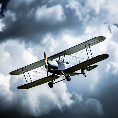 Biplane Flying Through Dark Clouds