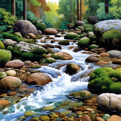 Forest Stream Flowing Over Mossy Rocks