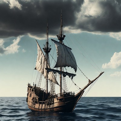 Old pirate ship sailing stormy ocean