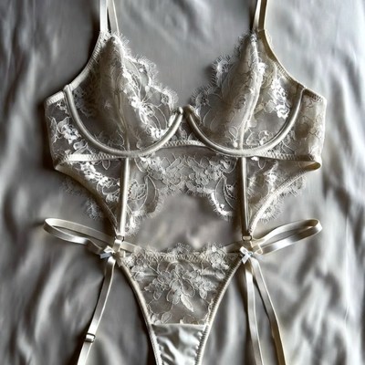White Lace Lingerie Set on Bed